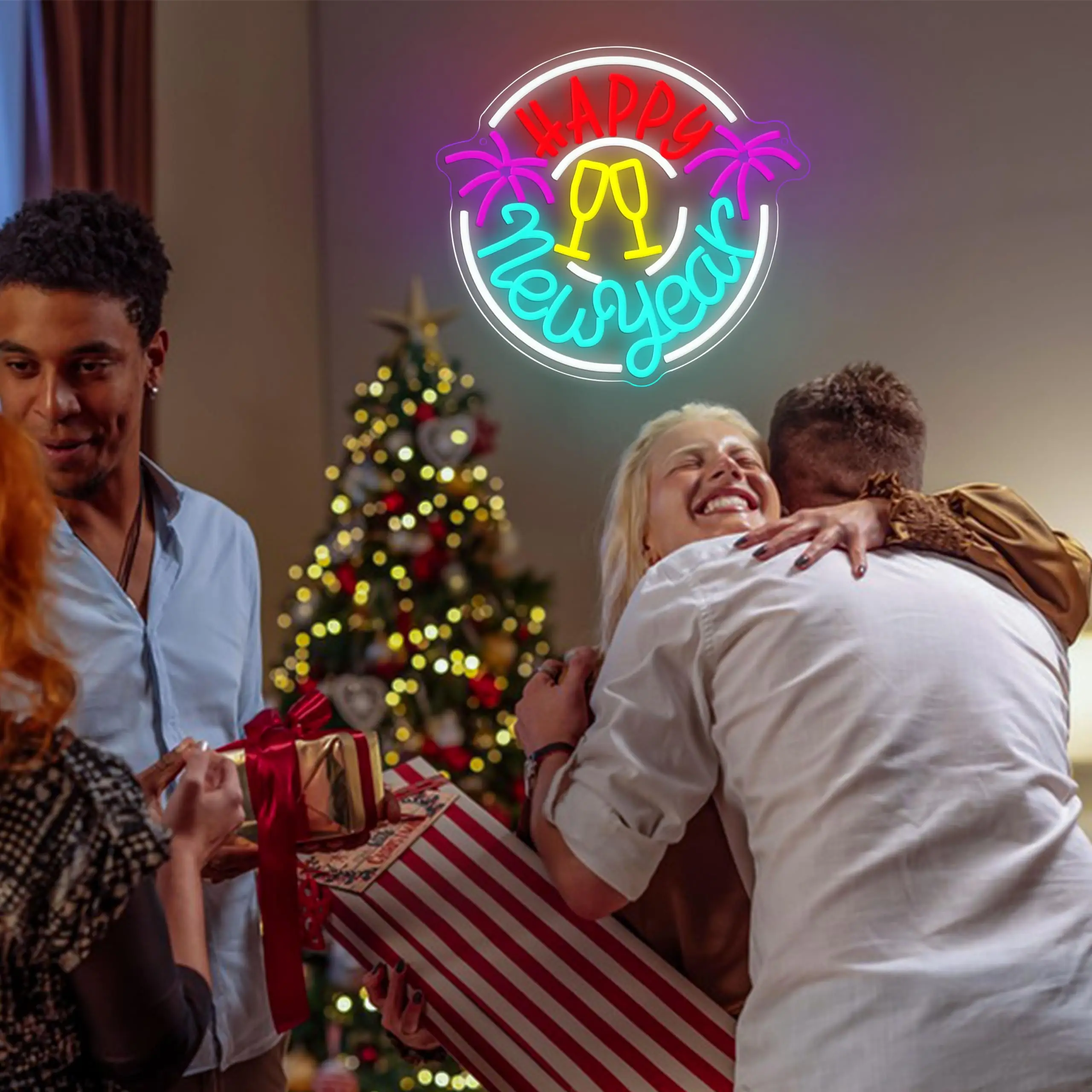 سنة جديدة سعيدة النيون تسجيل عكس الضوء الشمبانيا نظارات الألعاب النارية LED النيون تسجيل جدار ديكور ليلة رأس السنة الجديدة حفلة المنزل بار عطلة #6