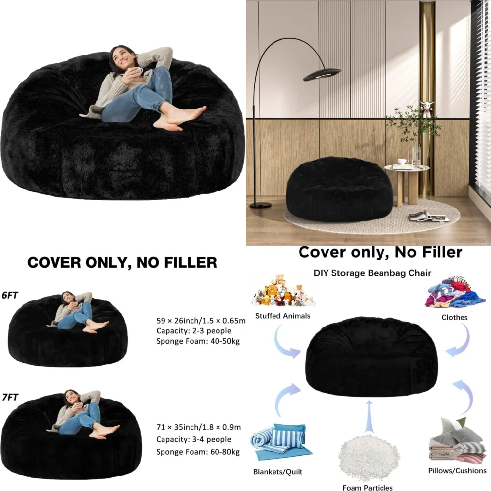 

Living room sofas7FT Foam Giant Bean Bag Chair Memory Foam Lazy Sofa for Living Room Floor Soft Comfortable Seating No Filler