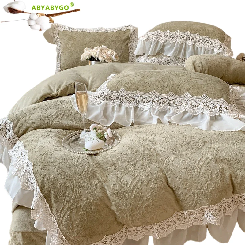 French Vintage Double Layer Lace Ruffles Carved Velvet Duvet Cover
