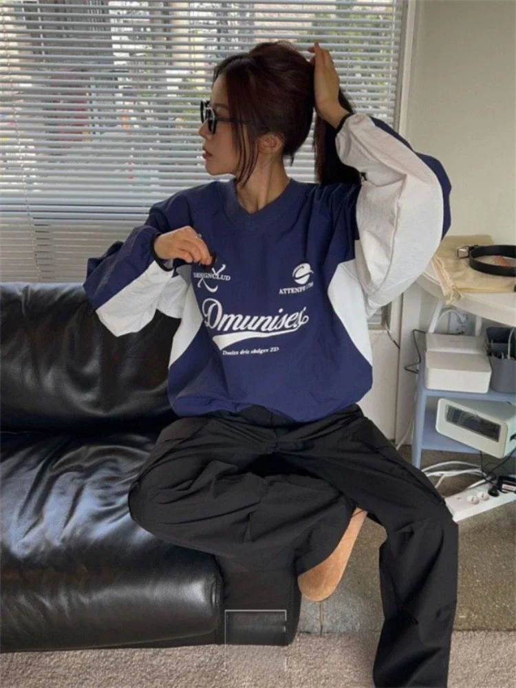 

Korean Style V-neck Pullover Women Sweatshirts Harajuku Streetwear Long Sleeve Baseball Hoodie Oversized Autumn Winter