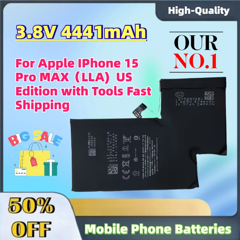 

New 3.8V 4441mAh Mobile Phone Replacement Battery for Apple IPhone 15 Pro MAX（LLA) US Edition with Tools Fast Shipping