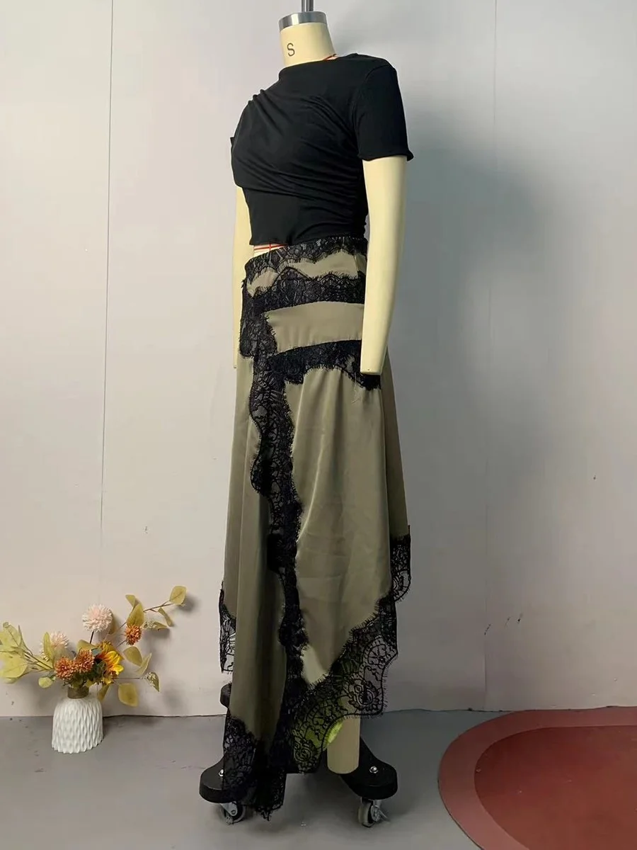 Sukienka damska VGH, patchworkowa, z koronką, dekolt okrągły, krótki rękaw, wysoki stan, ozdobna, seksowna, długa, nowa odzież damska.