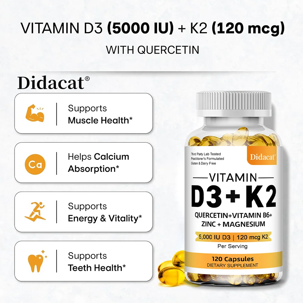 Capsule di vitamina D3 5000IU e 120 Mcg di vitamina K2 per assorbimento del calcio, rigenerazione ossea, supporto immunitario, facile da sciogliere