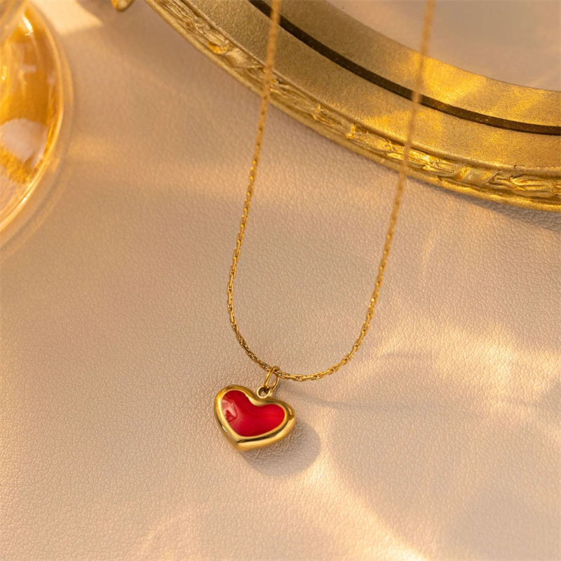 316L Stainless Steel New Fashion Fine Jewelry Young Girl Style Red Love Heart Charm Chain Necklaces Bracelets Earrings For Women