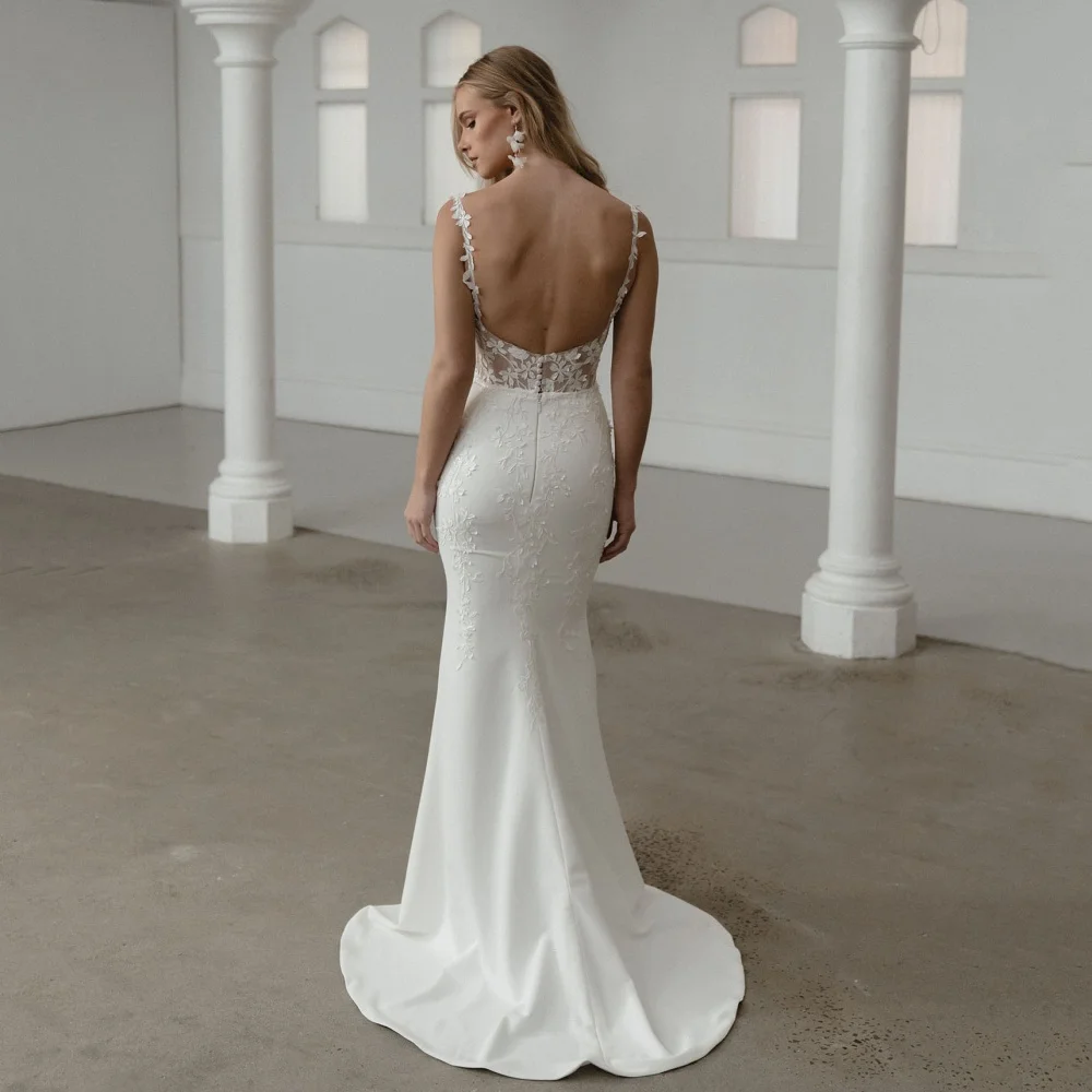 カスタムメイドVネックウェディングドレス、レースマーメイド、エレガントなブライダルガウン、バックレス、スパゲッティストラップ、花嫁ドレス、ウェディングドレス