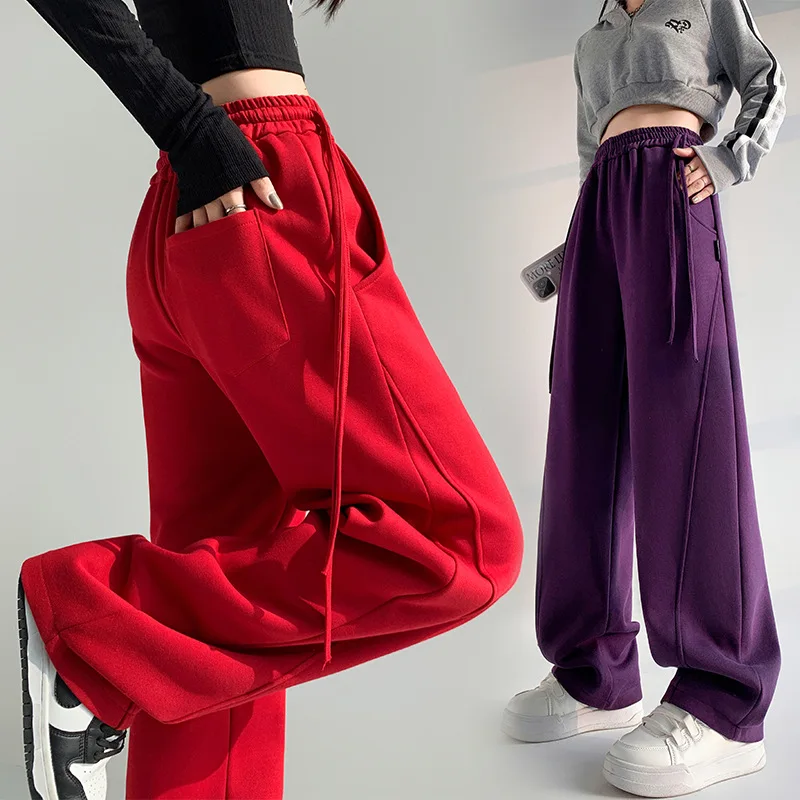 Pantaloni a gamba larga da donna nell'autunno e nell'inverno 2025 nuovi pantaloni casual in pile a gamba dritta appesi a vita alta