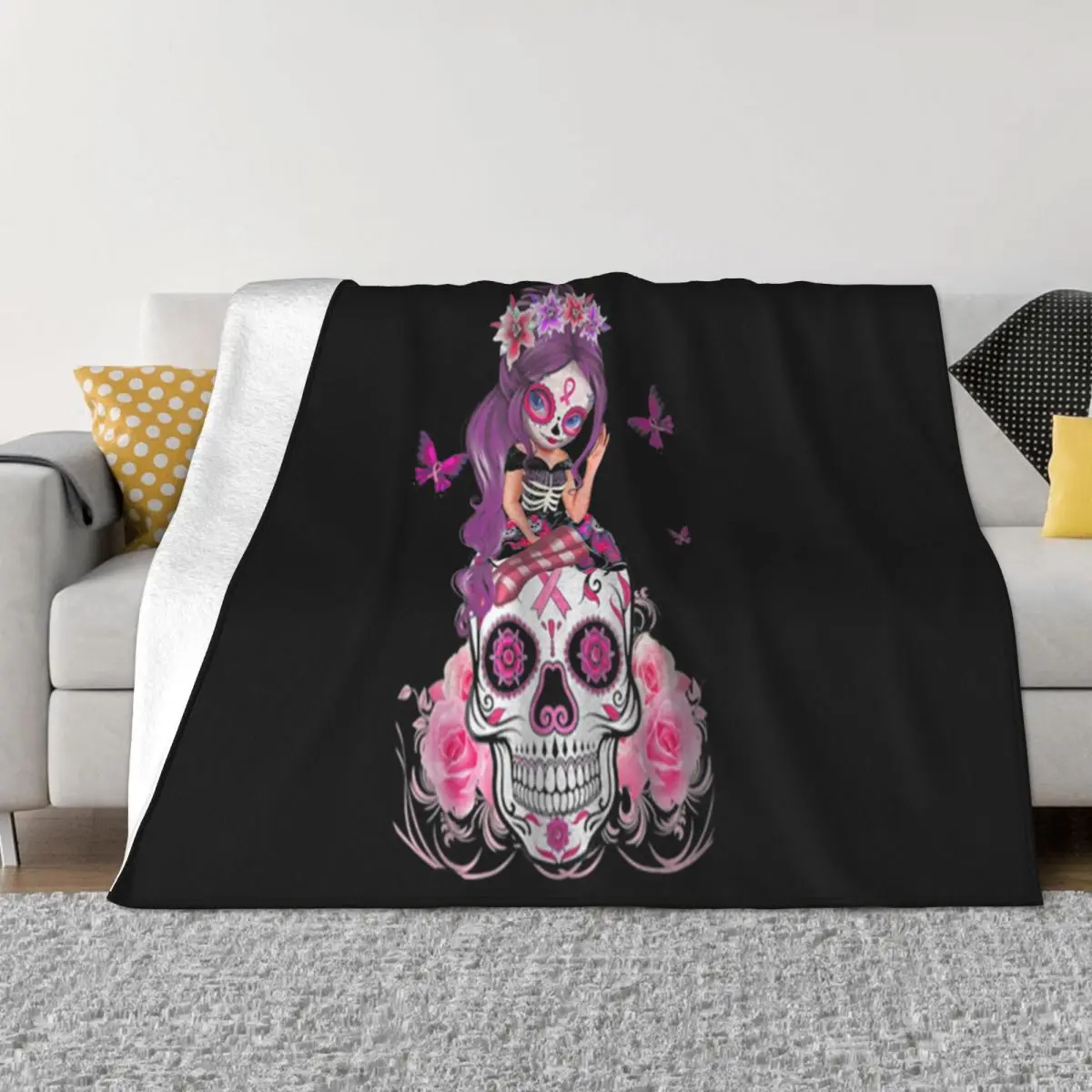 Sugar Skull Pink Ribbon Breast Cancer Awareness Flower Skulls Funny Hot Sale Designs Throw Blanket