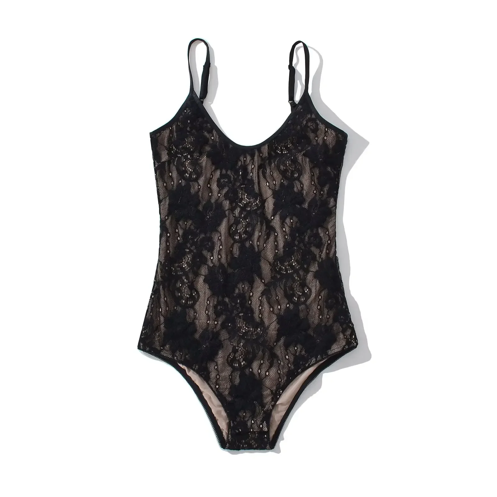 Sexy, durchsichtiger Spitzen-Bodysuit mit Futter, rückenfreier Spaghetti-Träger-Body, eng anliegender, kurzer Jumpsuit, figurbetonte Romper- und Playsuit-Modelle für Damen. – Detail 8