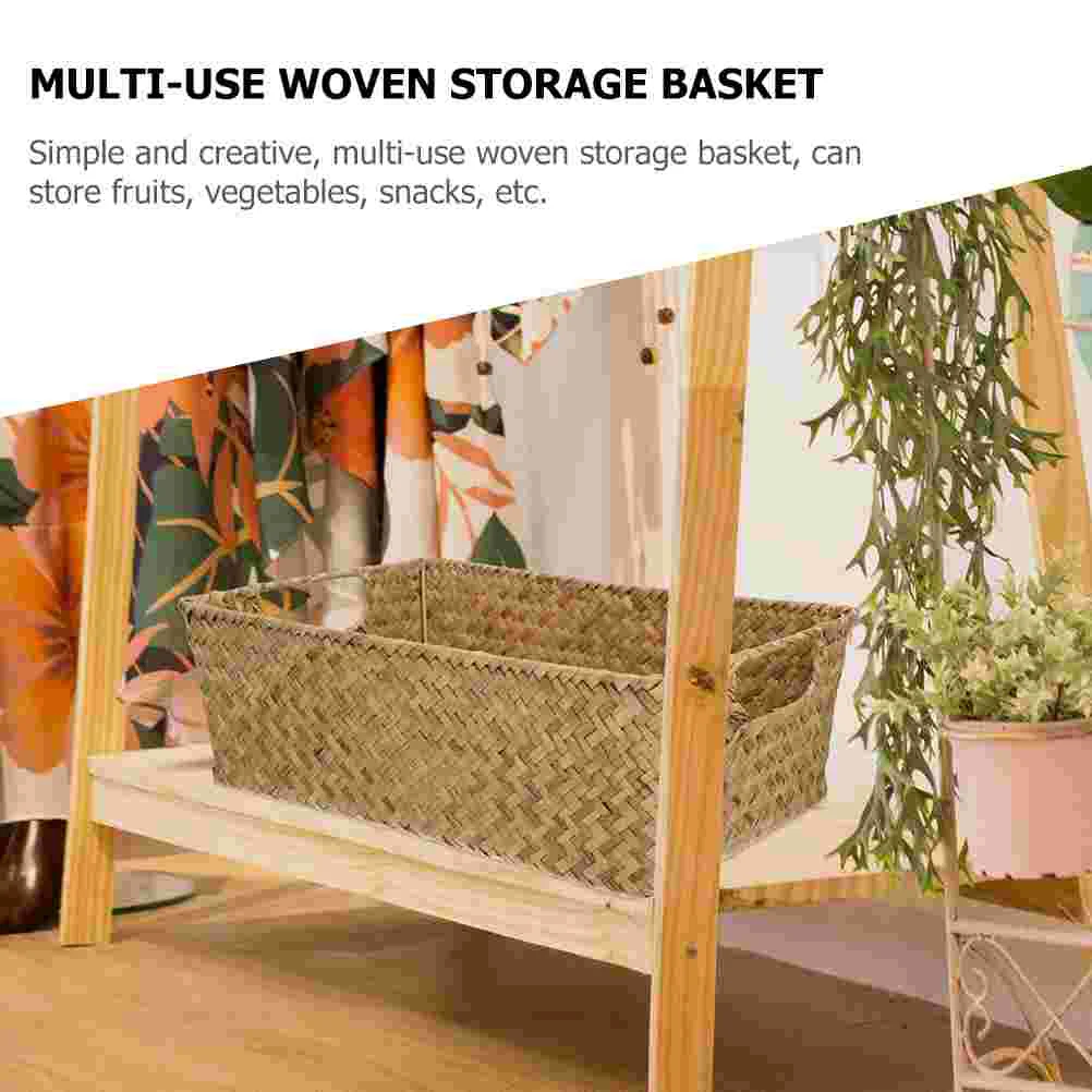 Hemoton Rattan Storage Basket Handle Rectangular Woven Fruit Baskets Wicker Bread Basket Snack Container Laundry Bin Basket