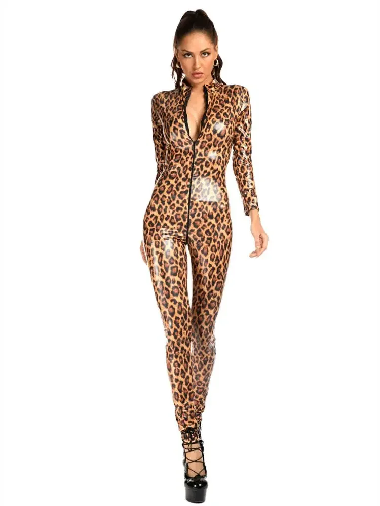 ليوبارد نظرة الرطب Catsuit لامعة بولي Leather جلد كم طويل 2 سستة مفتوحة المنشعب ارتداءها ضيق تأثيري بذلة كلوبوير مثير يوتار