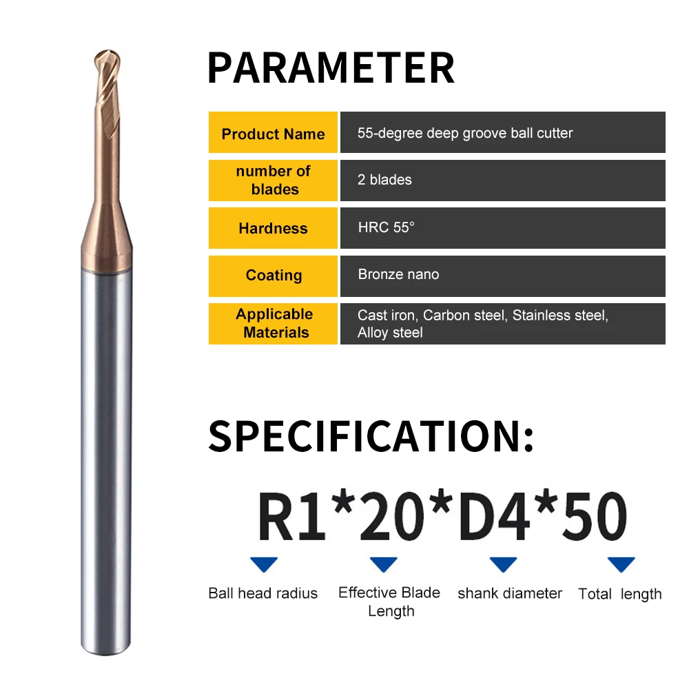 VACK H55 2F Solid Carbide Ball Nose End Mill Extra Long Reach Tapered Milling Cutter CNC Machine Router Bit R0.5 R1 R1.5
