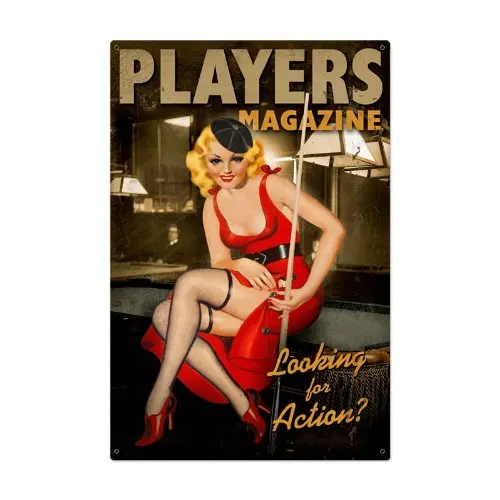 Old Time Signs Players Pool Girl Metal Sign Wall Decor 24 x 36