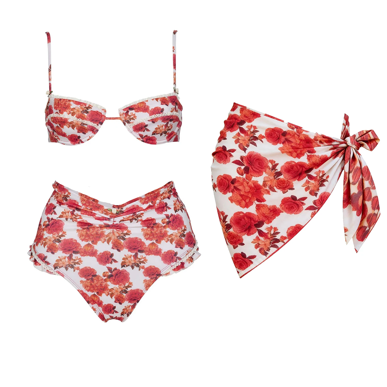 Floral 3Pcs Sexy Bikini Women Swimsuit 2026 Swimwear High Waist Biquini Female Swim Suit Cover Up Push Up Bathingsuit  Beachwear