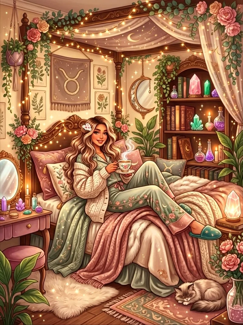 Kit de Pintura de Diamantes 5D con Diseño de Chica Tauro Acogedora Bebiendo Té en un Dormitorio Bohemio con Decoración Floral y Gatos, Arte Hecho a Mano para Decoración de Pared del Hogar