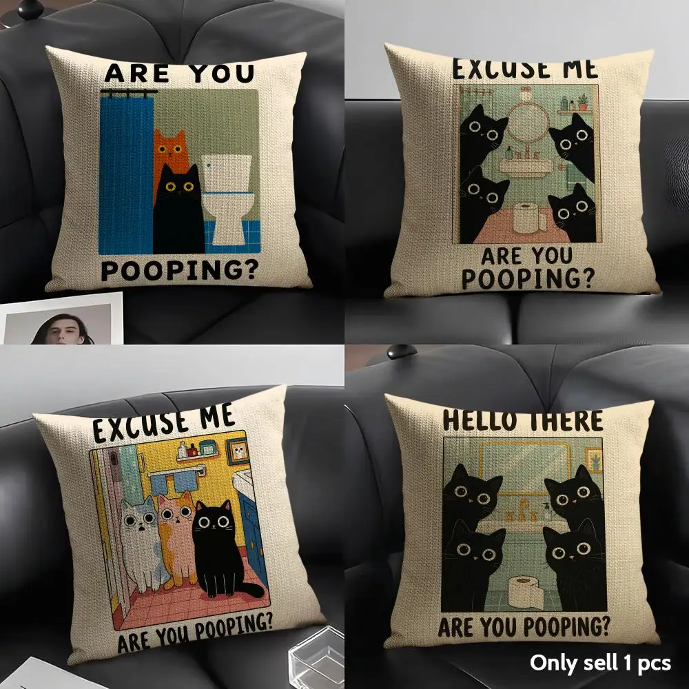 Are You Pooping Cat Cushion Cover Breathable Linen Organic Fabric Double-Sided Printing Sofa Pillow Case Home Decor