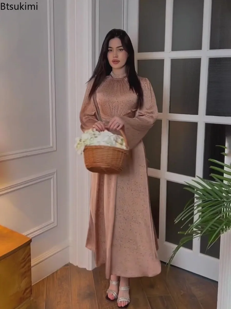 Elegancka satynowa sukienka maxi damska 2025, modna sukienka wieczorowa na przyjęcie z długim rękawem, wysoką talią, dopasowana, wiosenna nowa sukienka z nadrukiem, Vestidos Femme