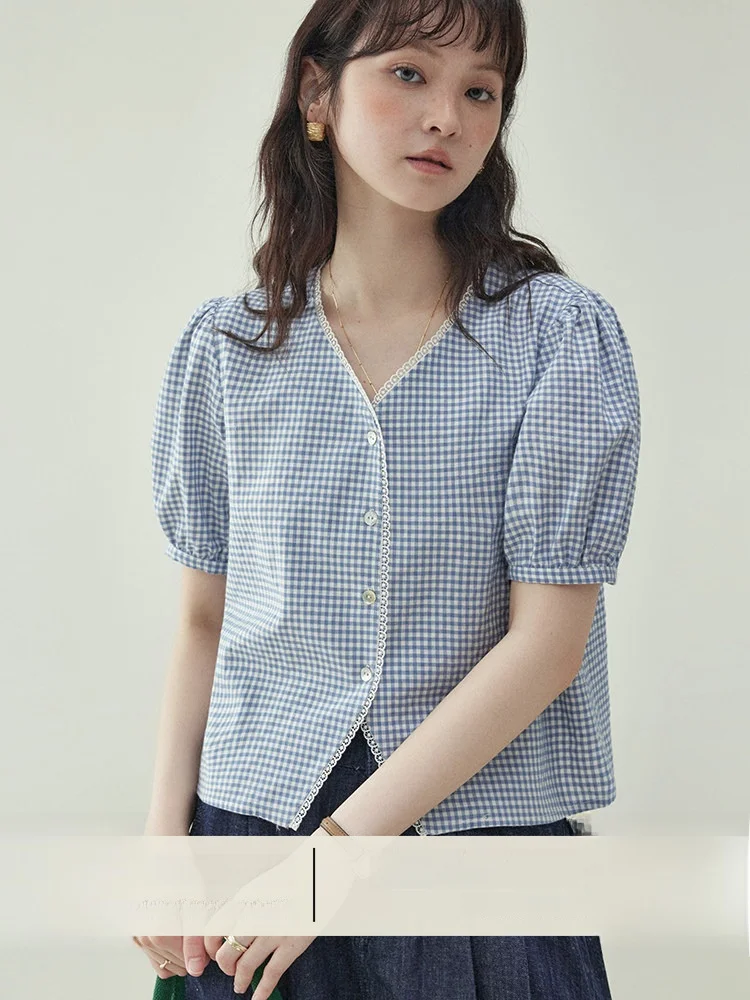AMUU Original Blue Plaid Bubble Sleeve Short Cotton Shirt Women Summer New Sweet Loose Top Button Detail V-neck Regular Thick