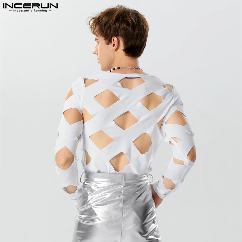 Incerun Heren Bodysuits Effen Kleur Uitgehold Sexy O-hals Lange Mouw Heren T-Shirts Rompers Streetwear 2024 Mode Bodysuit S-3XL