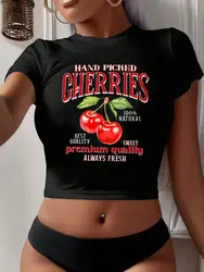 Personality Womans Crop Tops Hand Picked Cherries Prints Short Sleeve Stretch Soft O-Neck Tee Shirts Sexy Club Female Clothes