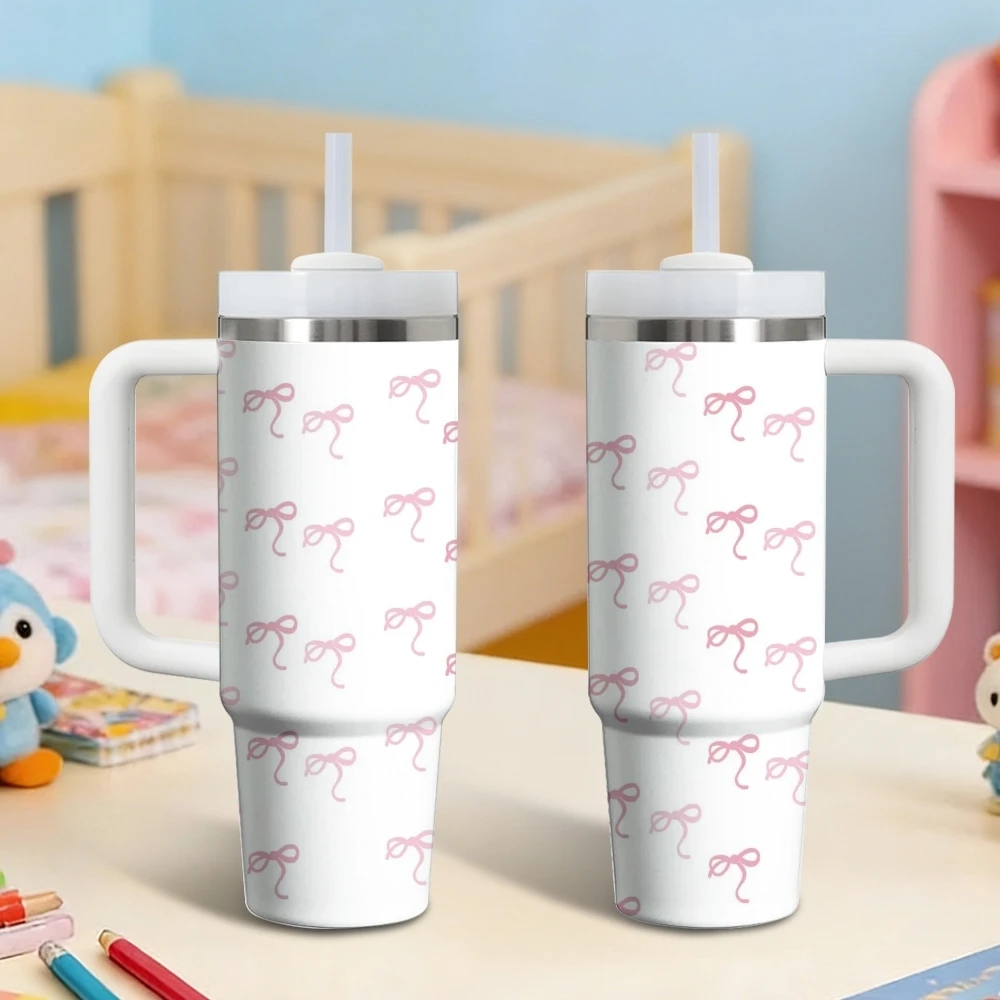 Pink Bow Vacuum Flasks 40oz Stainless Steel Vacuum Insulated Tumbler with Straw Leak Resistant Travel Mug