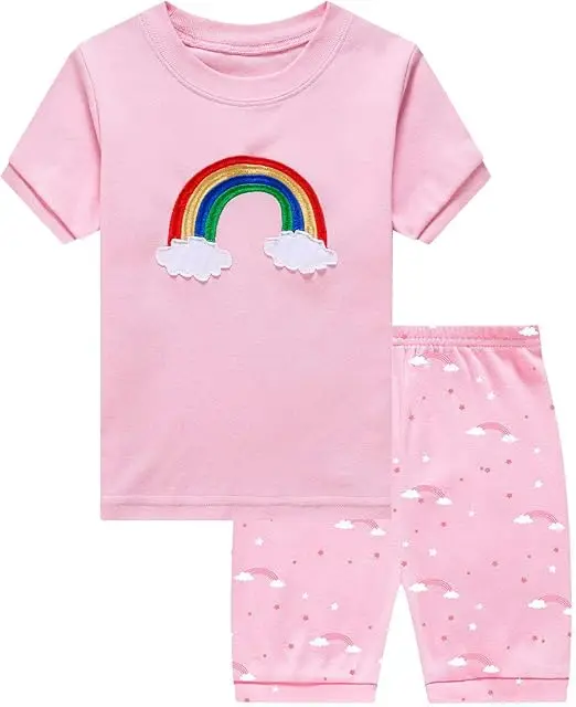 Little Hand Kids Cotton Printed Pyjamas Embroidery Rainbow Cloud Night Clothes Summer Loungewear Set for 2-7Y Girls