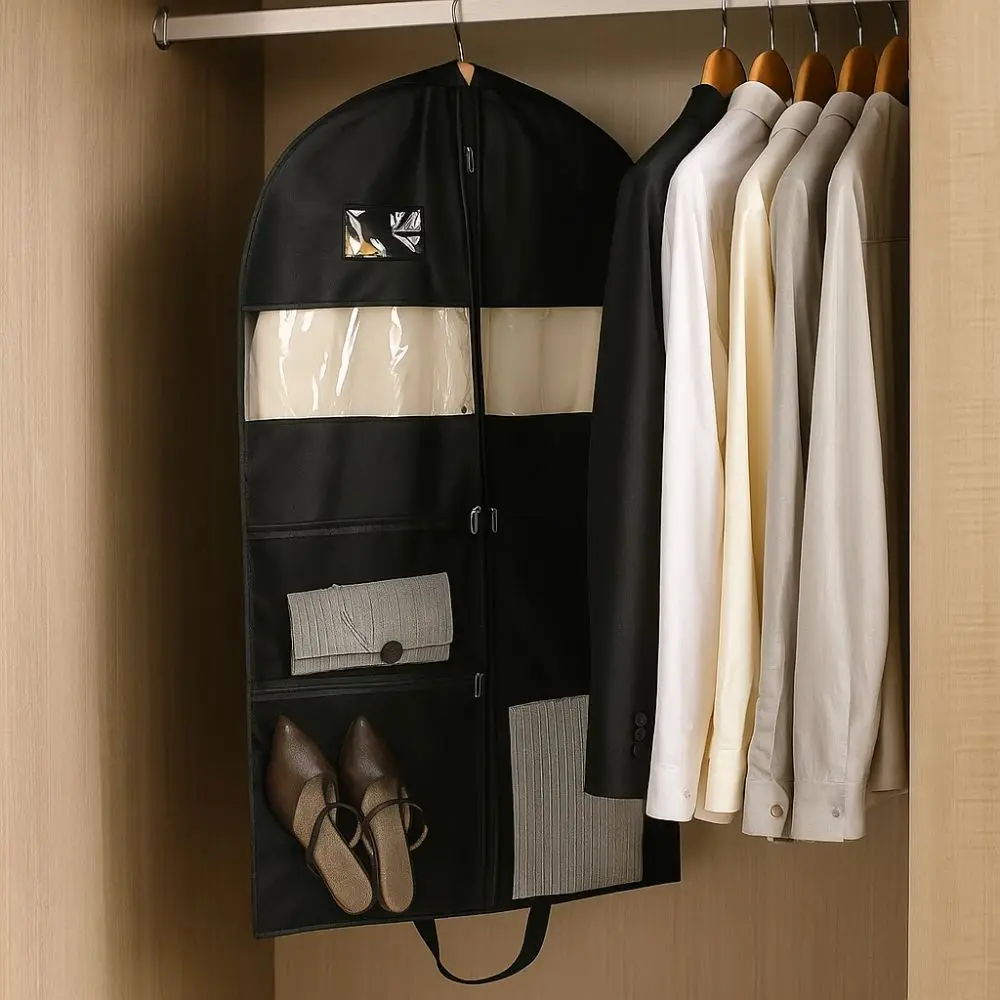 메쉬 포켓 휴대용 의류 가방 다중 수납칸 접이식 여행용 의류 가방 창문이 있는 드레스 먼지 가방 여행용