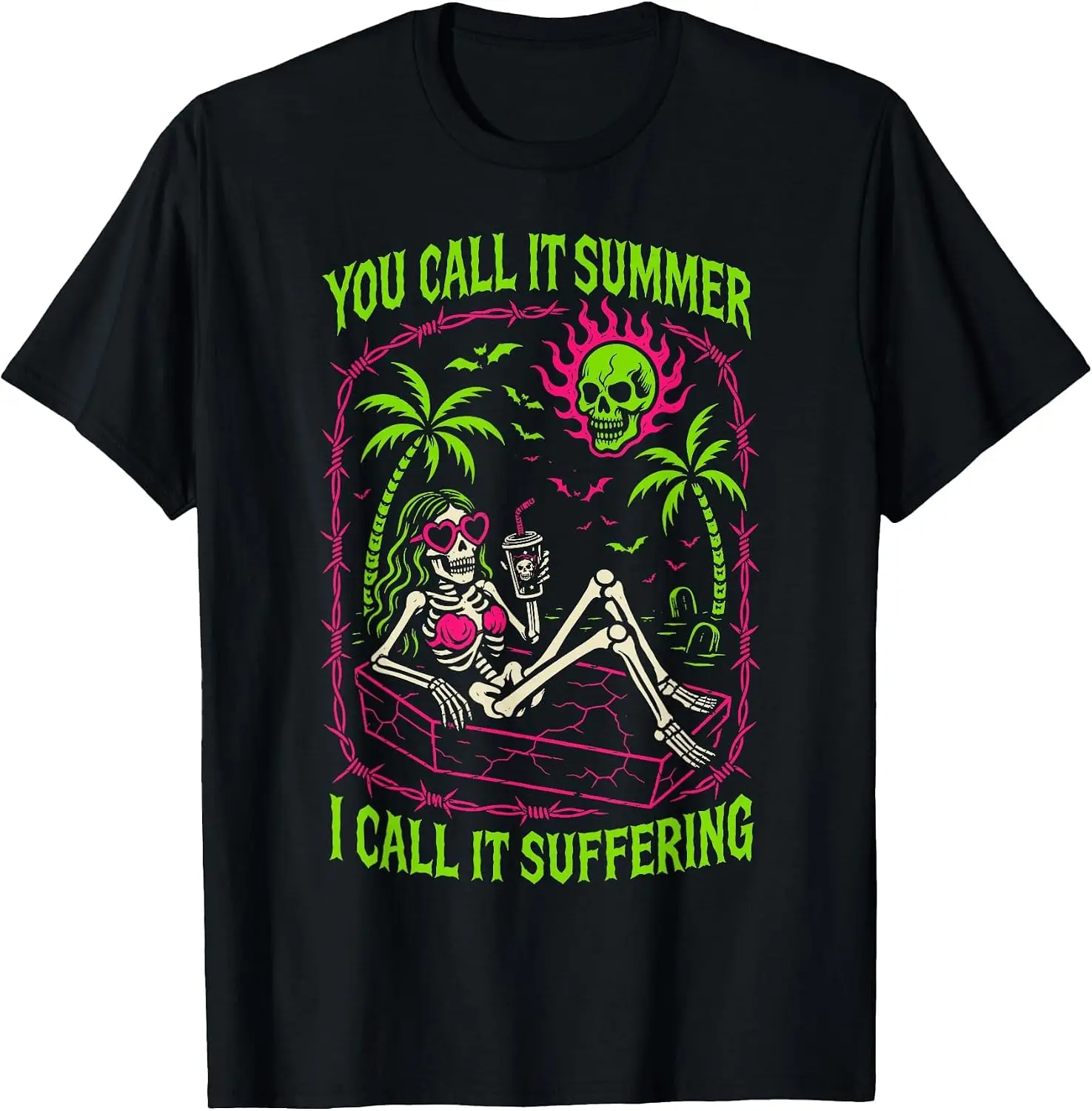 You Summer I Call It Suffering Coffin Skeleton Art T-Shirt Versatile, heavyweight pure cotton short-sleeve tee—trendy, thick fabric; a great gift for Christmas or Halloween.