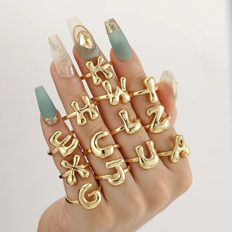 Lateefah Hip Hop 26 English Letters 18K Gold Plated Glossy Open Adjustable Rings Accessories