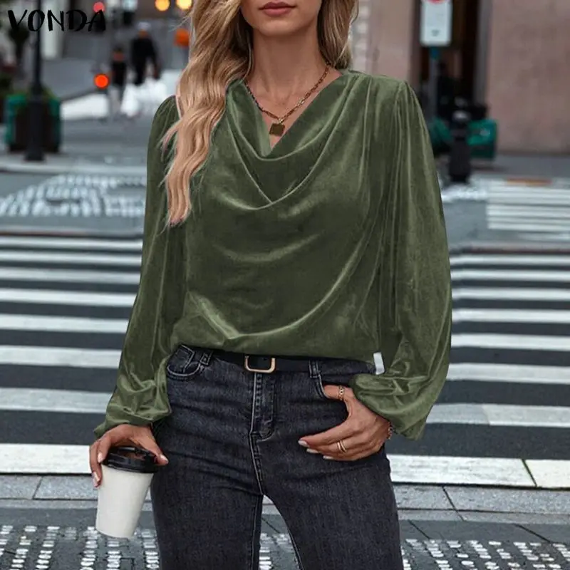 Plus Size 5XL VONDA Elegant Women Velvet Blouse Fashion Swing Collar Solid Blusa Spring Long Puff Sleeve Casual Streetwear Shirt