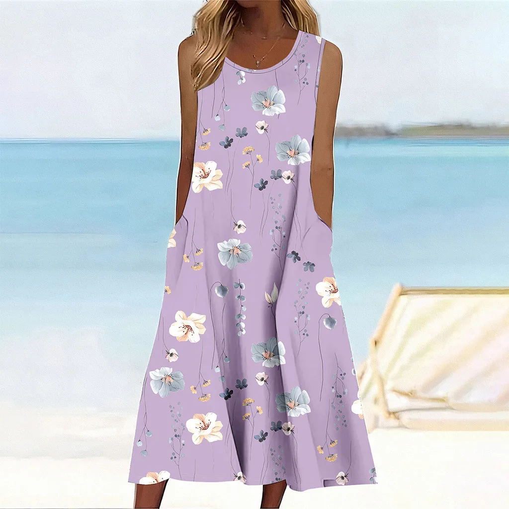 

2025 женское летнее повседневное платье без рукавов с принтом больших размеров для праздника, женская одежда, вечерние платья, женская одежда больших размеров