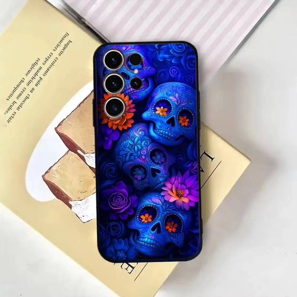 Funda de teléfono con calavera de Catrina mexicana para SamsungS25,24,21,22,23,30,Ultra,20,Plus,Fe,Lite,Note,10,9, funda negra suave