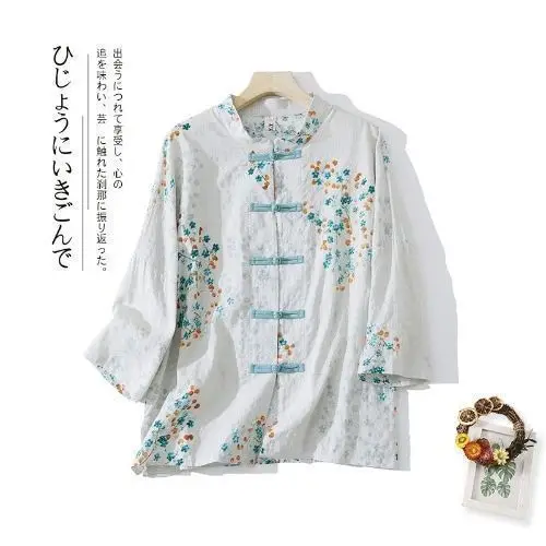 Chemise Ramie boutonnée de Style chinois pour femmes, chemisier ample et fin, décontracté, motif Floral, protection solaire, Cardigan, nouvelle collection printemps
