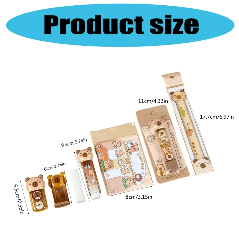 1 Set Set Capybara Stationery Set Set Routener Ruler Eraser Recrection лента Sticky Notes Learning Gift Box School Supplies 601e