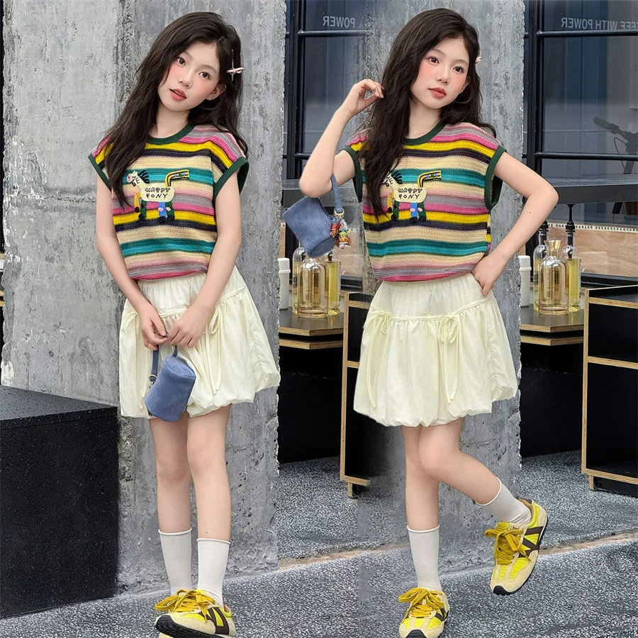 

New Fashion Child Summer Set Shorts Sleeve Knitted Vest + Skirt Clothing Set For Girl Korean y2k Streetwear Kids Clothes Suit