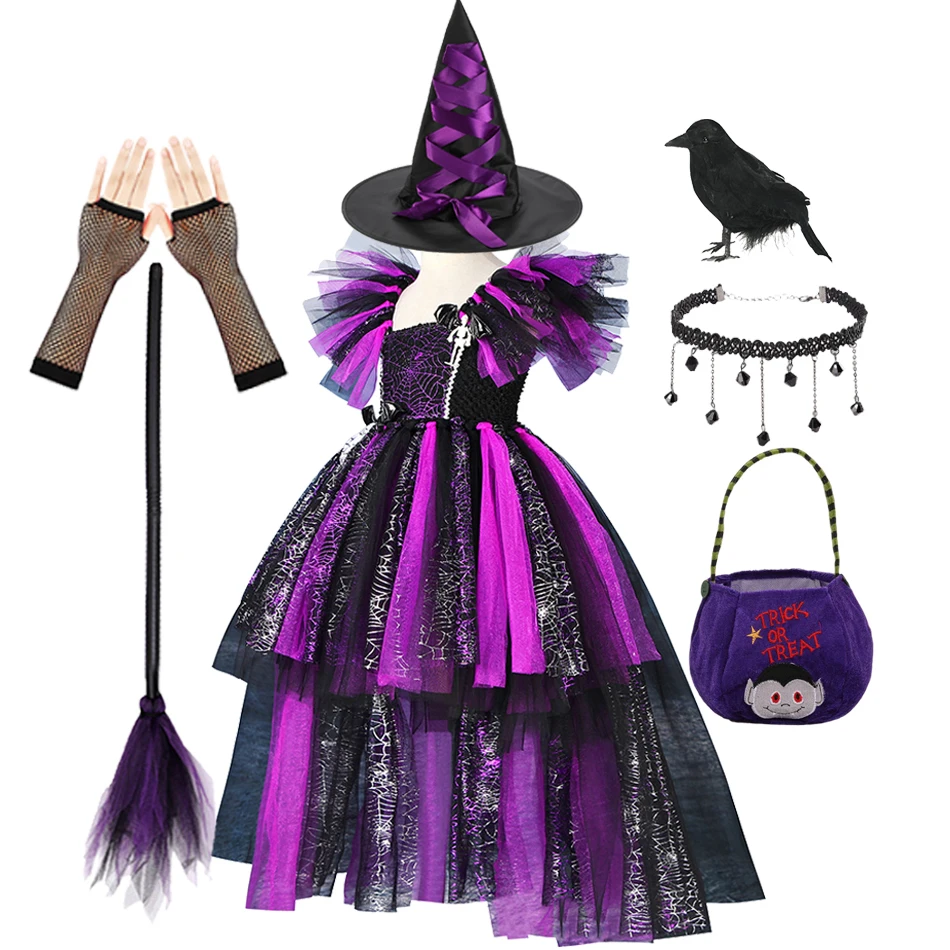 Children Witch Costume Girls Fairytale Wizard Dress Kids Halloween Bat Spider Tulle Clothes Baby Toddler Party Cosplay Outfits