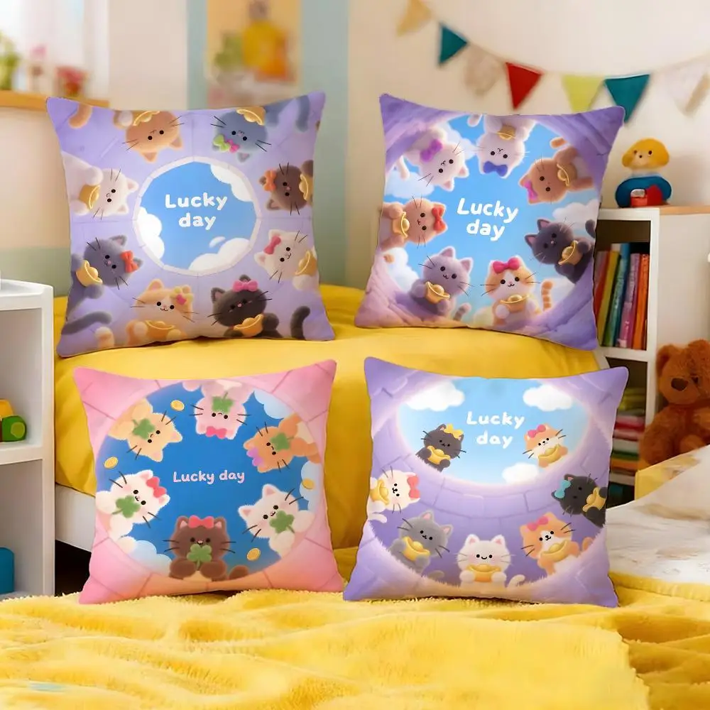 Lucky Cute Cat Crew Cushion Cover Premium Soft Pillowcase Skin-Friendly Breathable Multi-Purpose for Home Office Travel