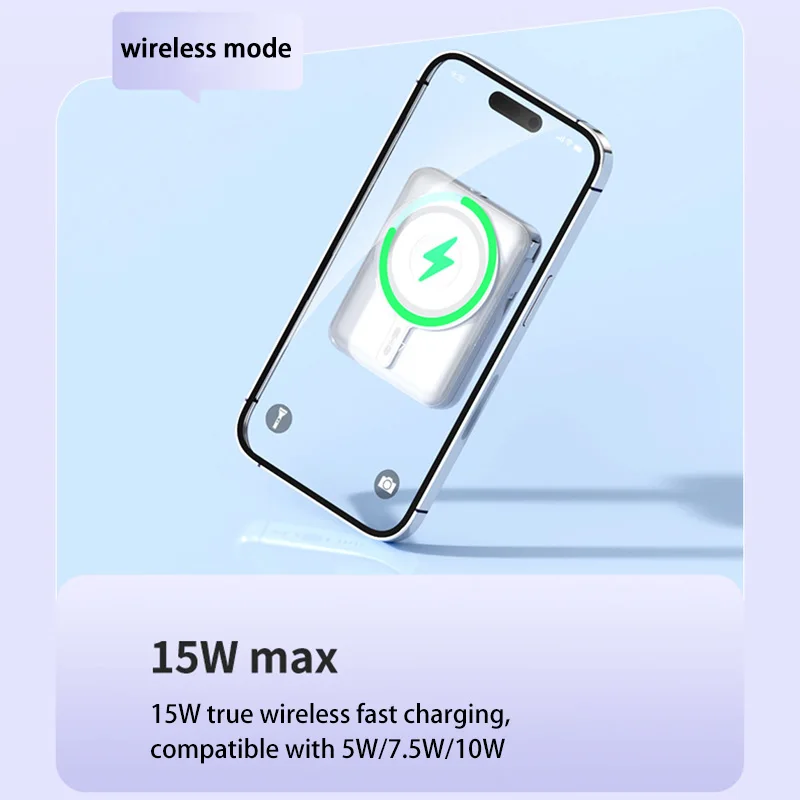 بنك طاقة لاسلكي مغناطيسي صغير ، مع شاحن سريع وكابل مدمج ، بطارية خارجية محمولة لهاتف iPhone ،