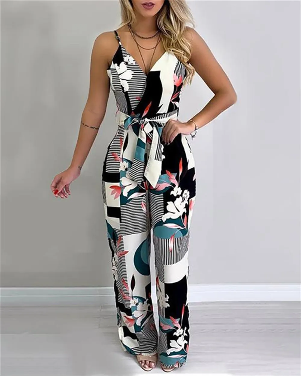 

Printed Spaghetti Strap Wide-Leg Jumpsuit for Women - Light Fabric and Adjustable Belt