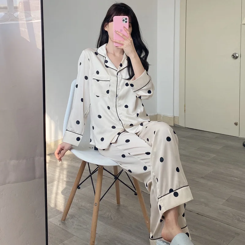 High-quality French Polka Dot Long-sleeved Pajamas Women\'s Spring and Summer New Lazy Style Silky Loungewear Set Satin Silk Pjs