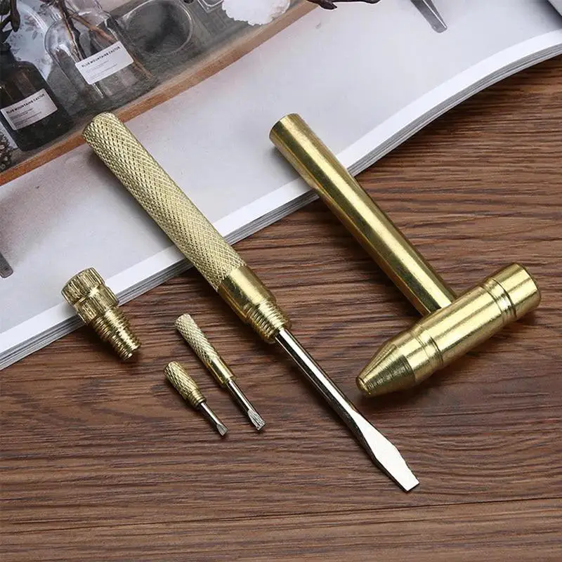 5 In 1 Multifunction Mini Craft Hammer Screwdriver Set Copper Alloy Gold DetachableScrewdriver Service Hand Tool