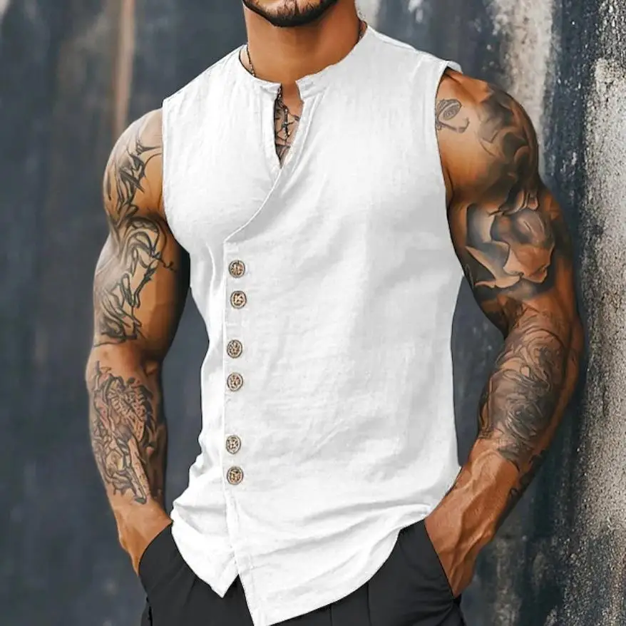 Men's Sleeveless Casual Sports T-shirt 2026 Cross-Border Hot Sale Bright Thread Flocking City Walk Vintage Style Pure Color