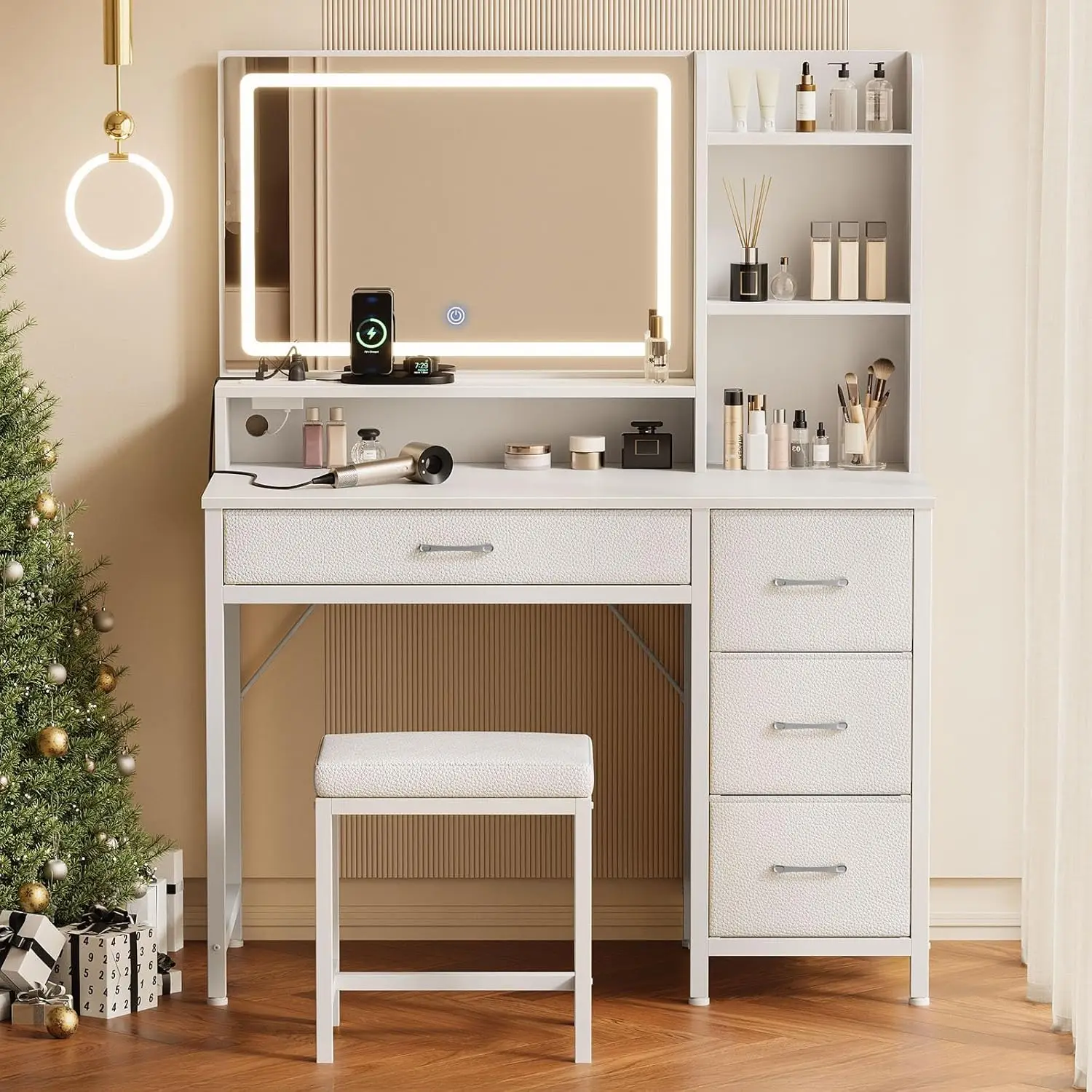 Vanity Desk con specchio e luci, trucco con sgabello imbottito, 4 cassetti, prese di corrente, set con 4 Com