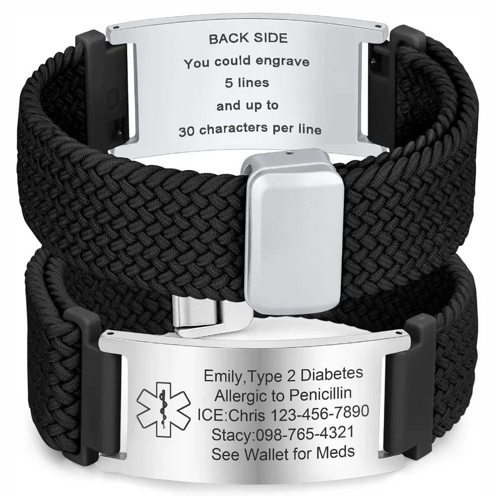 Medical Alert Id Bracelets for Men Women Custom Engraving Elastic Braided Stretchy Loop Emerge Waterproof Wrist Strap