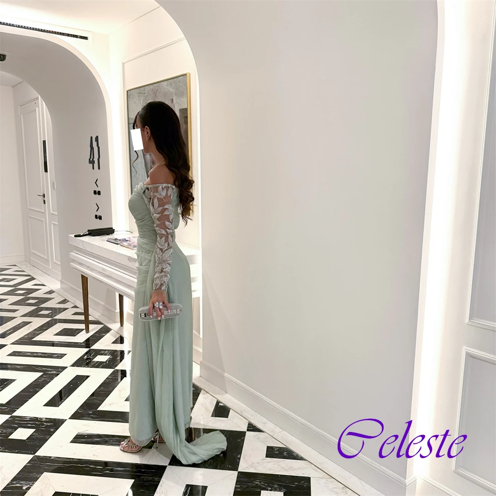 Gaun Malam Lurus Organza Lengan Panjang Bahu Terbuka Kustom Gaun Pesta Kristal Berkilau Gaun Acara Khusus