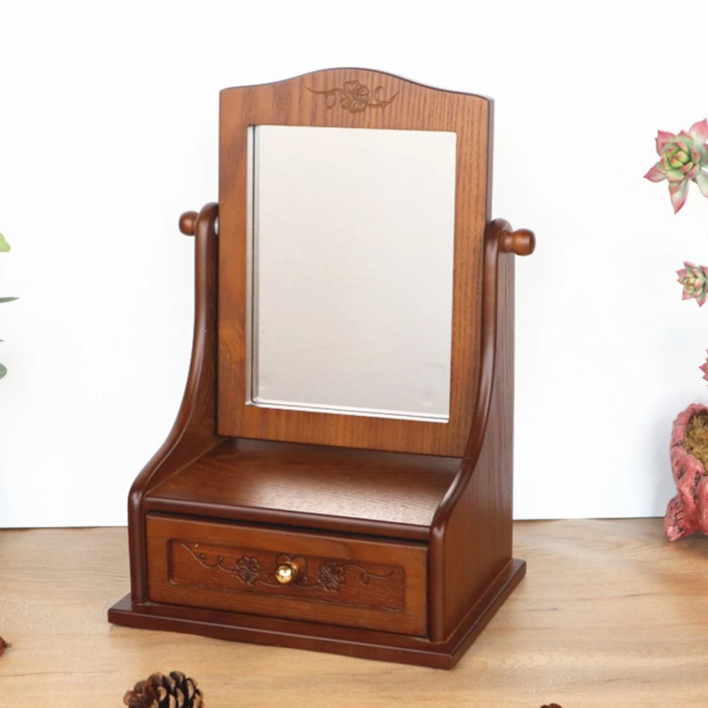 مرآة زينة عتيقة، مرآة مكياج خشبية قابلة للتعديل لسطح المكتب بزاوية 360 درجة، طاولة تسريحة كلاسيكية من الزجاج الفضي عالي الوضوح #2
