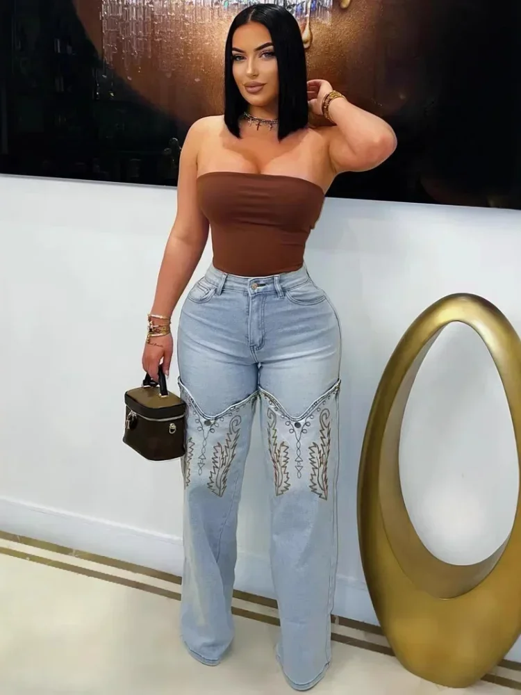 

Женские повседневные прямые джинсы с вышивкой, женские тонкие универсальные мягкие джинсовые брюки с высокой талией в стиле ретро, литературные эластичные брюки