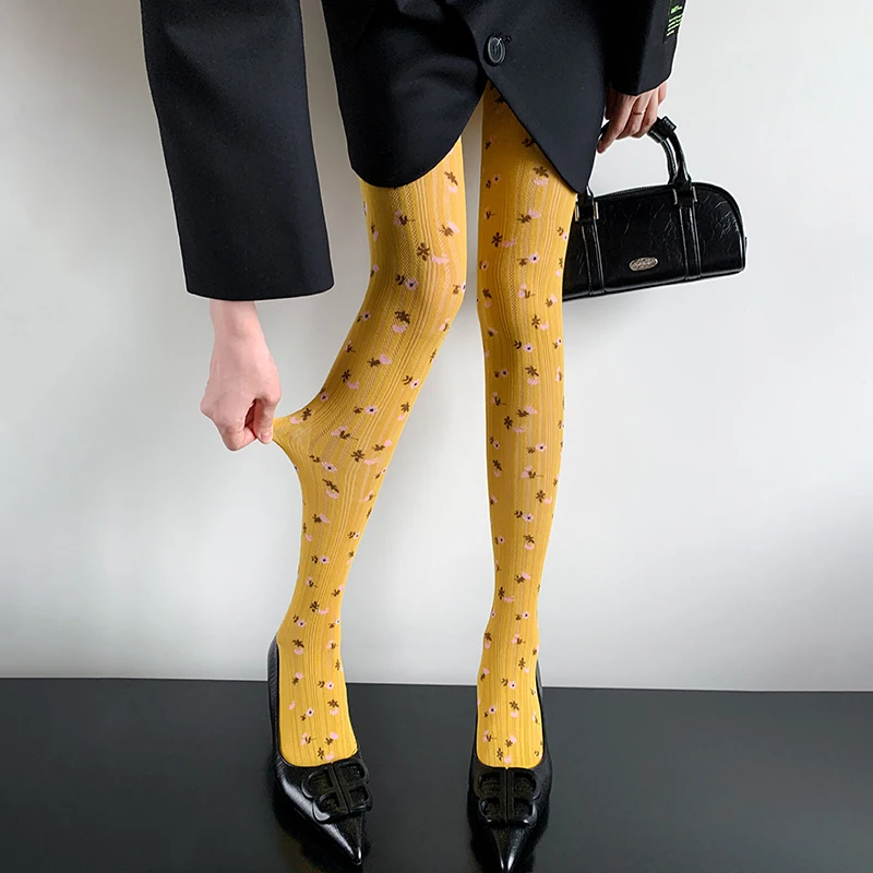 Women Floral Print Pantyhose Retro Vertical Texture Tights, Elegant Full Length Hosiery for Daily Party Dress Matching