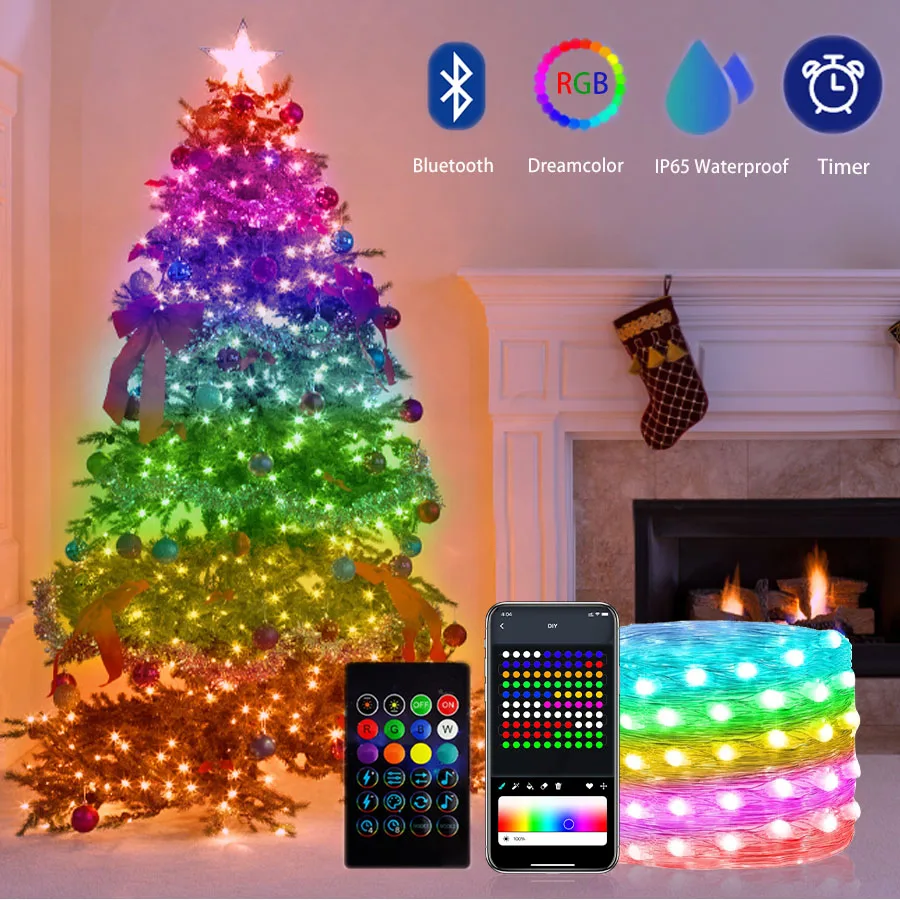 Guirnalda de luces LED WS2812B con USB, luces de Navidad con Bluetooth, decoración de boda, dormitorio, vacaciones, iluminación impermeable