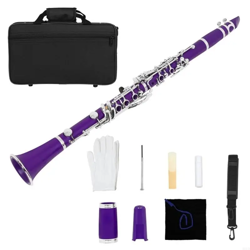 17 Keys Flat Clarinet Plastic Clarinet with Plating Button Set with Clarinet Case, Music Instruments for Beginners 69HD