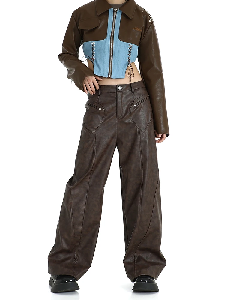 

Women's Vintage Brown Leather Pants 90s Y2k Retro Pippie High Waist Pants Baggy Harajuku Wide Leg Jogger Trousers 2000s Clothes